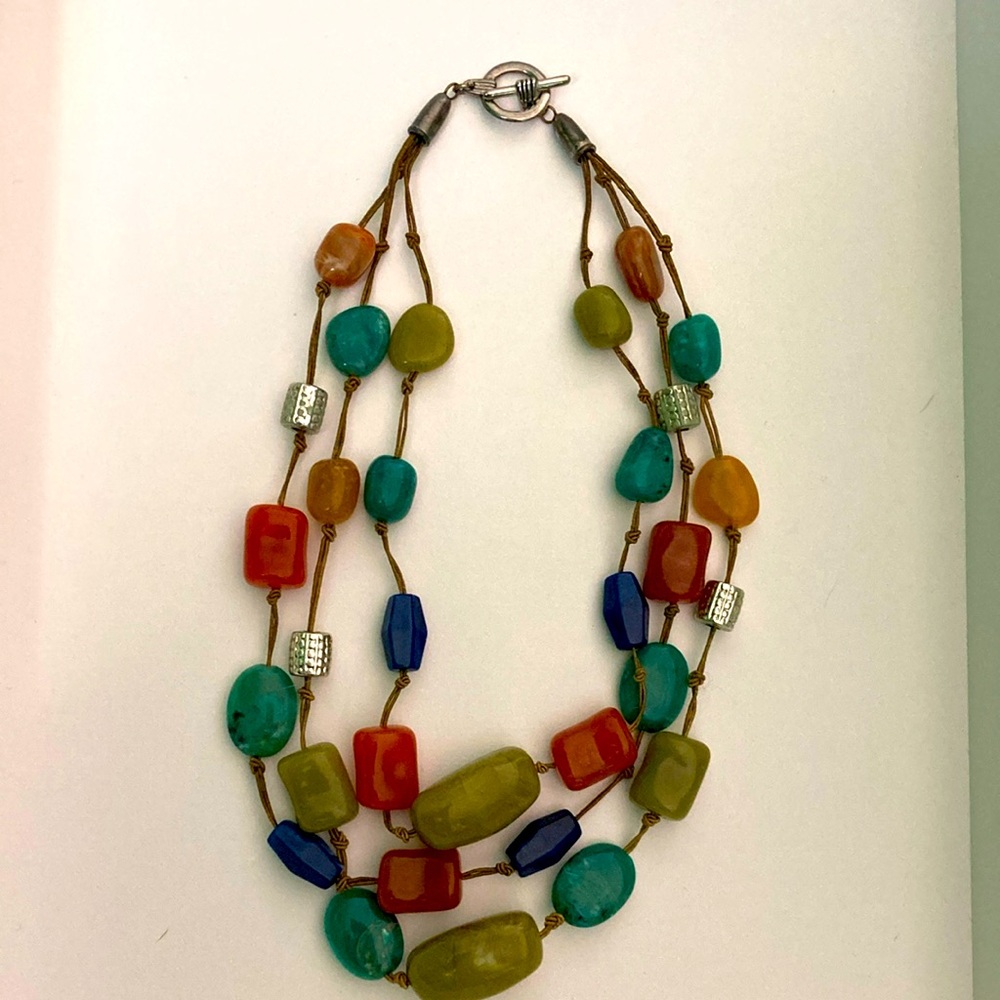 Muticolored stone triple strand necklace